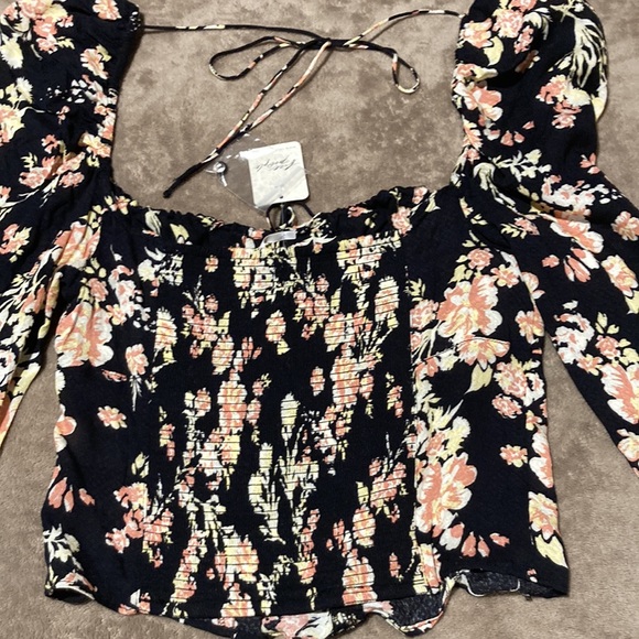 Free People Hilary Floral Print Long Puffed Sleeve Tie Back Smocked - Picture 10 of 16